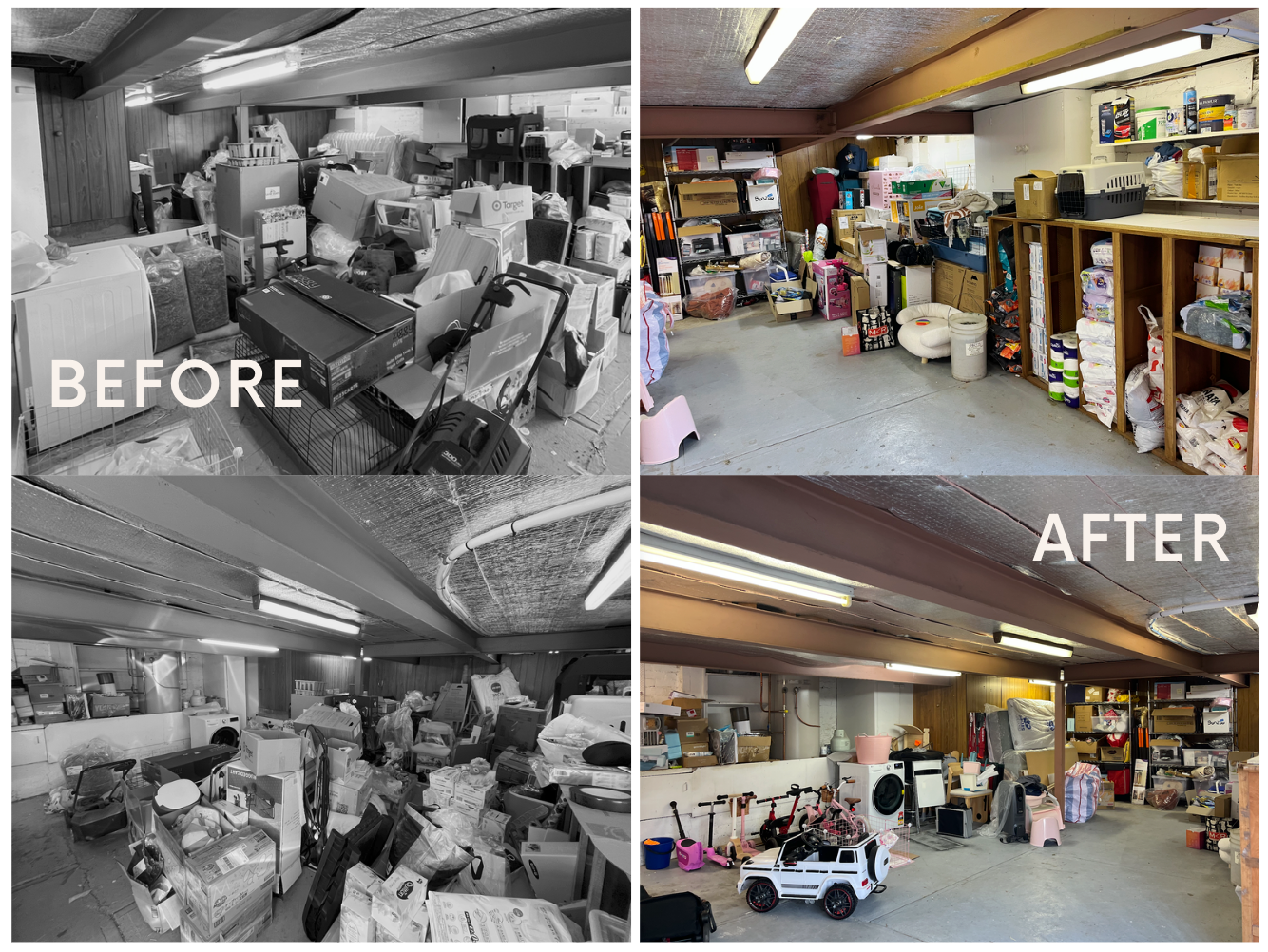Two before and two after views of a family garage with newly clear walkways and grouped storage