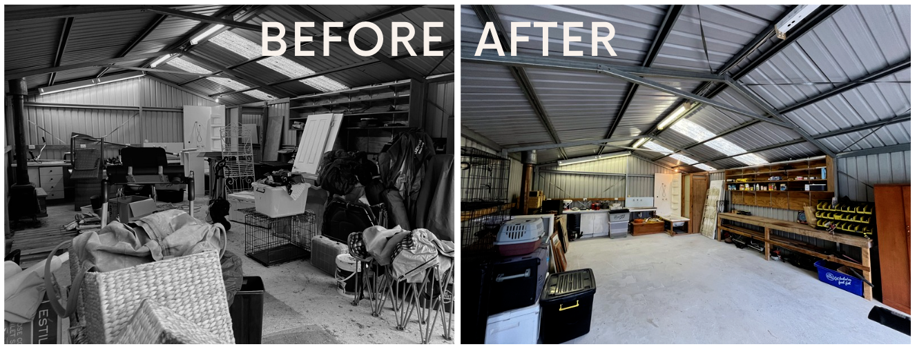 Before and after: a crowded shed transformed into a clear workshop with organised tools