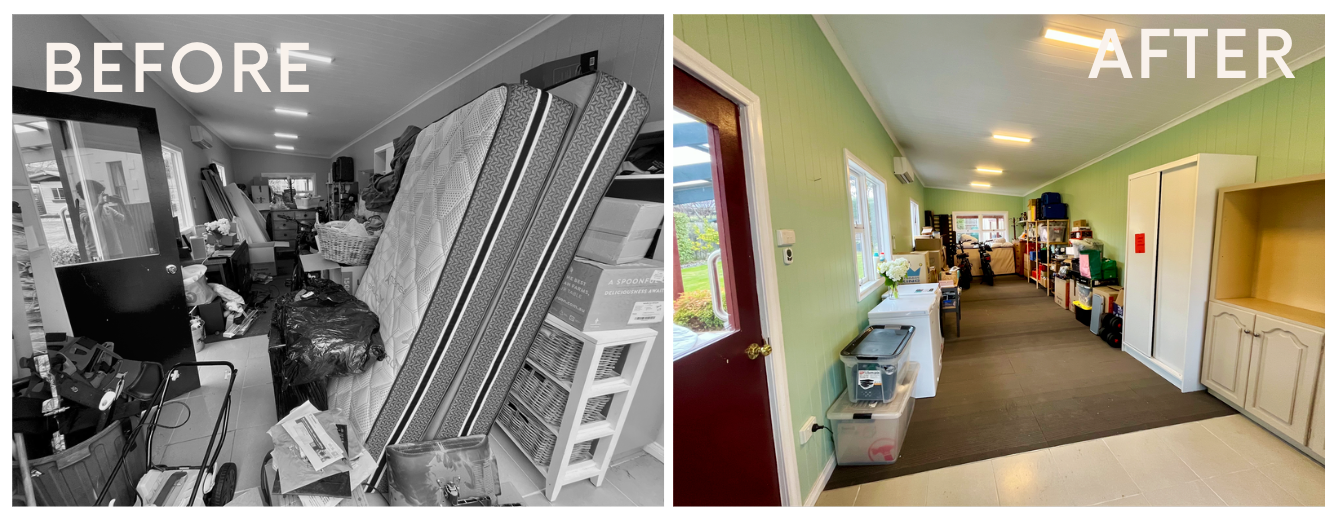 Before and after: a cluttered storage room with belongings organised around an open walkway